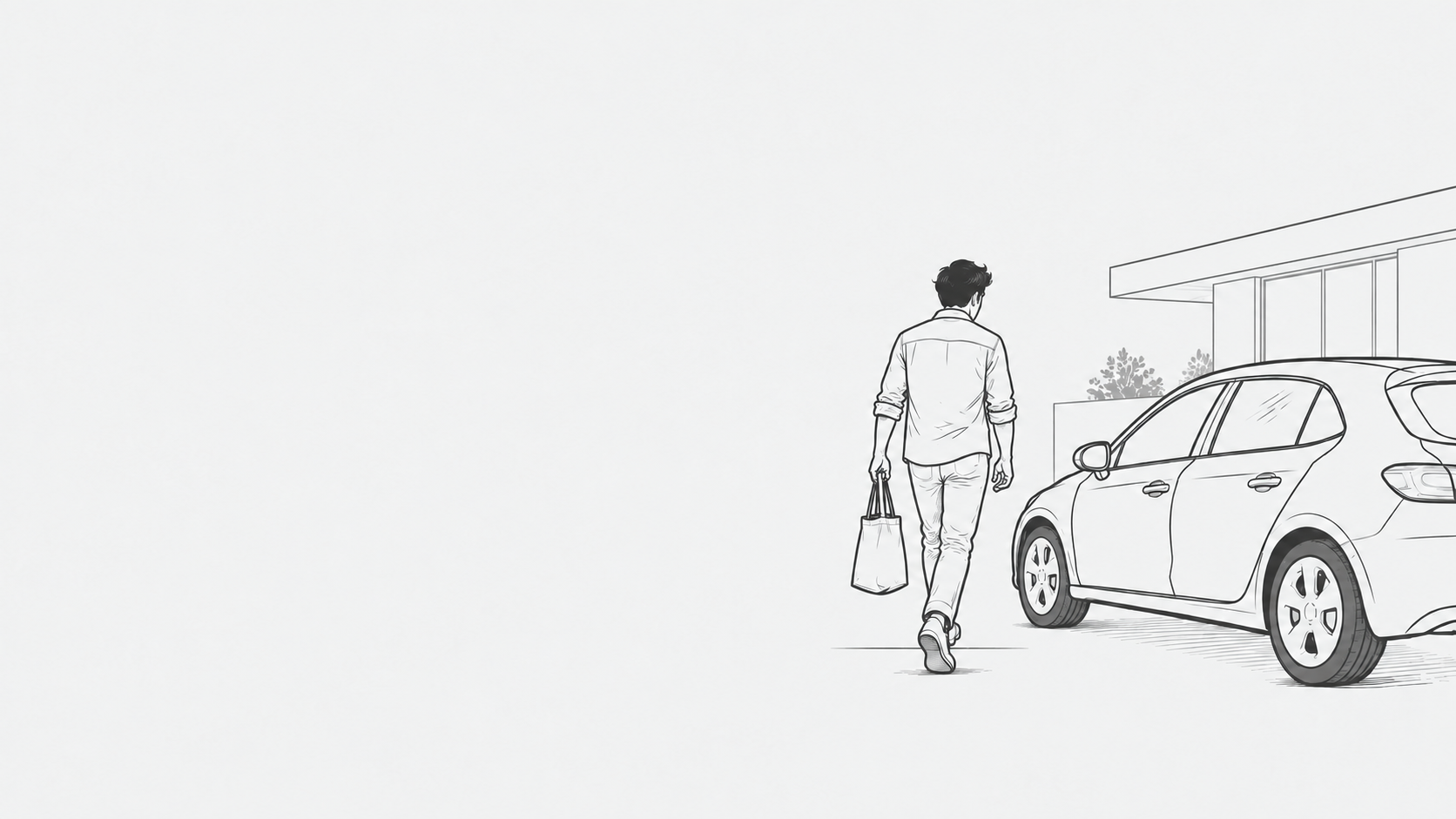 黑白线条插画:提着布袋的车主走向汽车