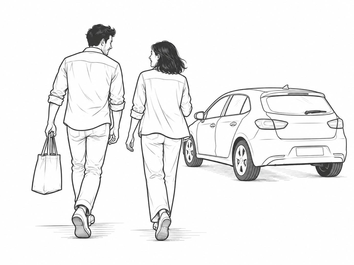 黑白线条插画：两位家人一起走向汽车